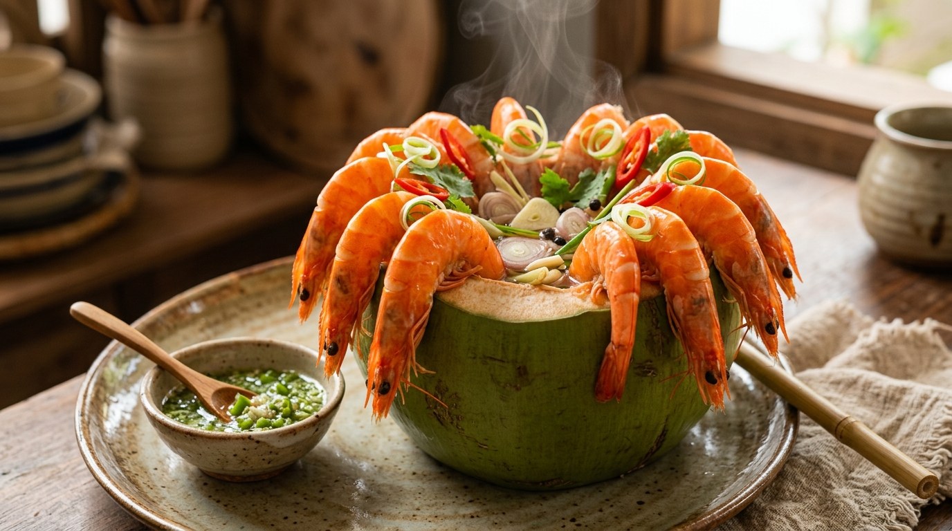 Tôm hấp nước dừa bày quanh trái dừa xiêm vỏ đỏ au căng mọng nước chấm muối ớt xanh Feedy