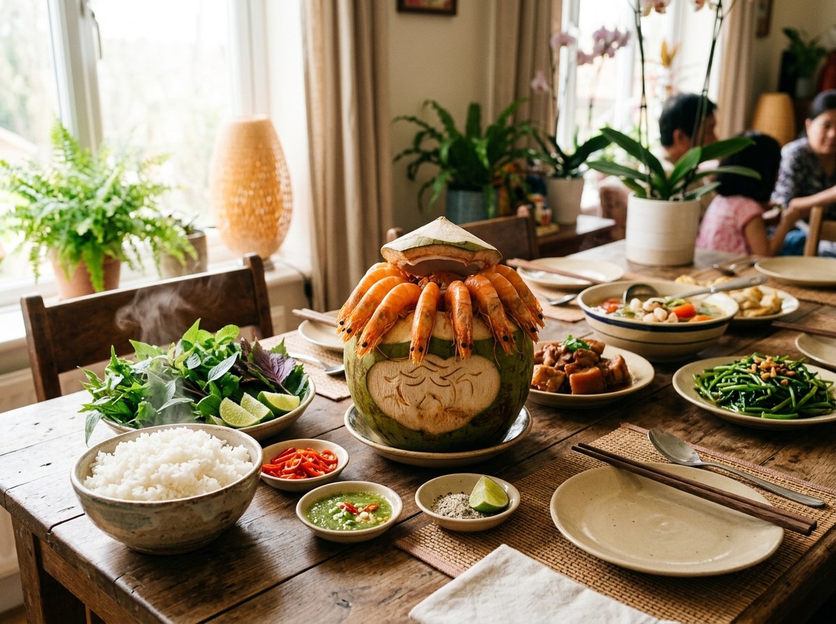Bàn tiệc gia đình quây quần ấm cúng với trái tôm hấp nước dừa bát cơm trắng nước chấm Feedy