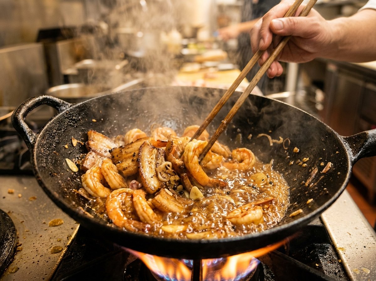 Đầu bếp xốc chảo gang tôm và thịt ba chỉ bốc khói: Sốt caramel sôi tăm bao bọc tôm đỏ au