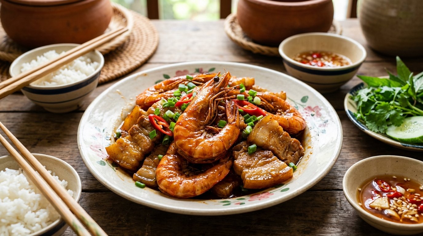 Đĩa tôm rim thịt ba chỉ vàng óng ánh màu hổ phách với tôm đỏ au và thịt xém cạnh Feedy
