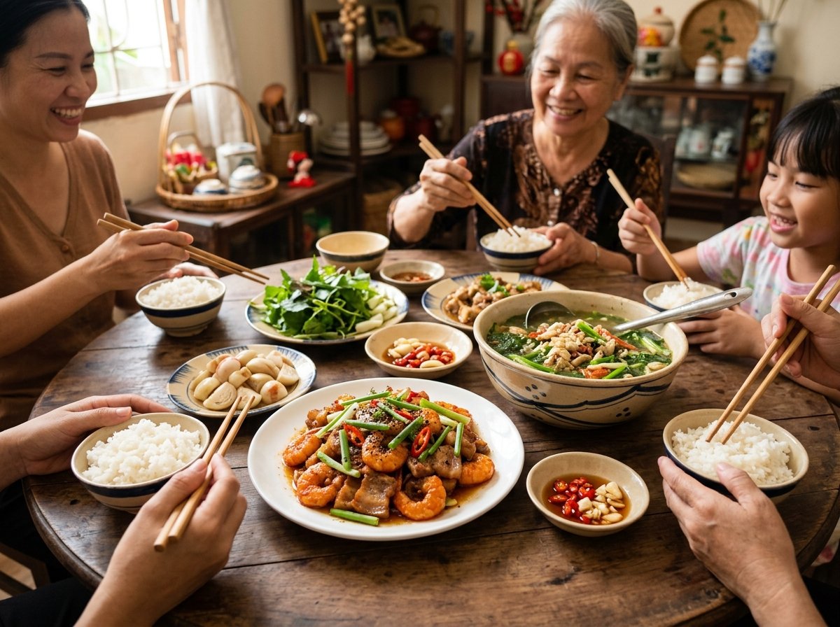 Mâm cơm gia đình ấm cúng với đĩa tôm rim thịt ba chỉ, bát canh cua rau đay và cà pháo giòn