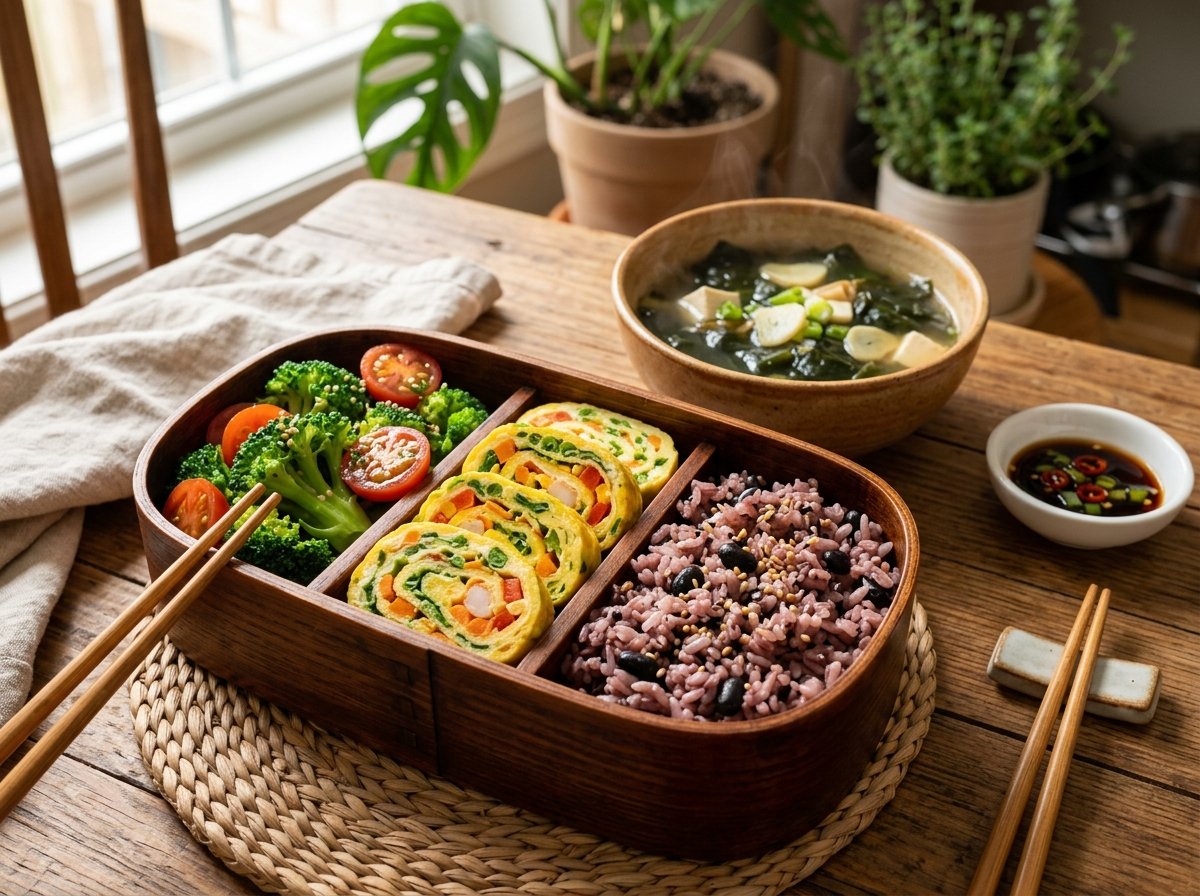Hộp cơm bento gia đình với những khoanh trứng cuộn ngũ sắc bắt mắt