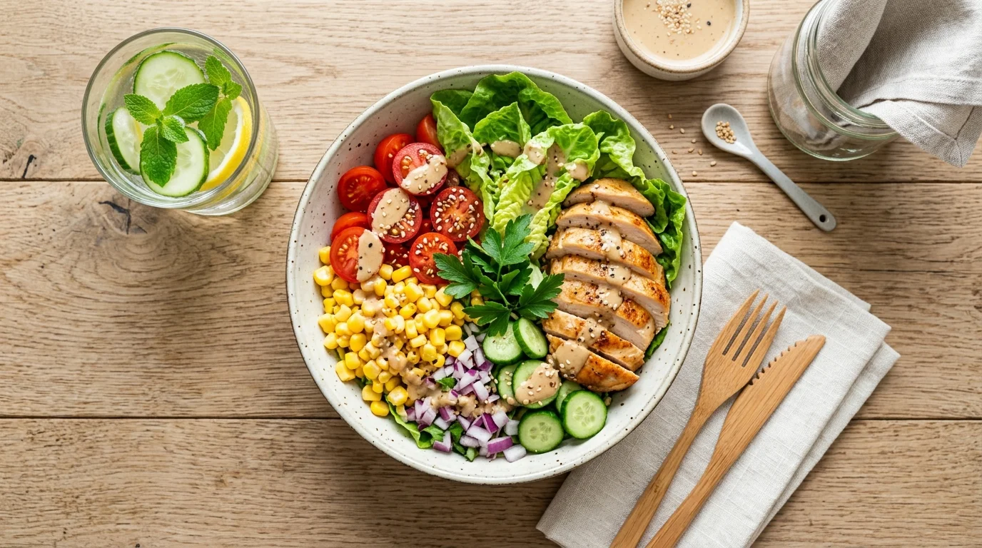 Tô salad ức gà áp chảo Eat Clean đầy màu sắc với xà lách cà chua ngô ngọt rưới sốt mè rang chuẩn Bếp trưởng Feedy