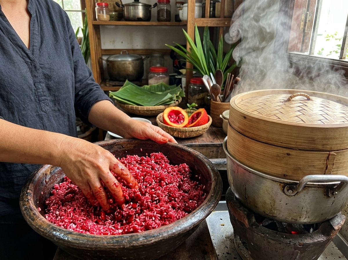 Thao tác bóp trộn thịt gấc đỏ thắm đều vào từng hạt gạo nếp cái hoa vàng bên chõ đồ xôi bốc khói
