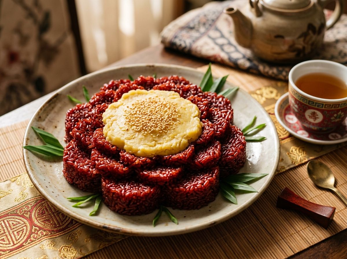 Đĩa xôi gấc đậu xanh 3 tầng hoàn chỉnh đỏ rực rỡ hạt nếp dẻo quánh thơm nức mũi bên tách trà sen