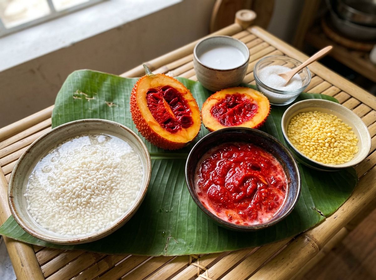 Khay nguyên liệu làm xôi gấc đậu xanh gồm gạo nếp ngâm no nước thịt gấc đỏ tươi rượu trắng và đỗ xanh cà vỏ