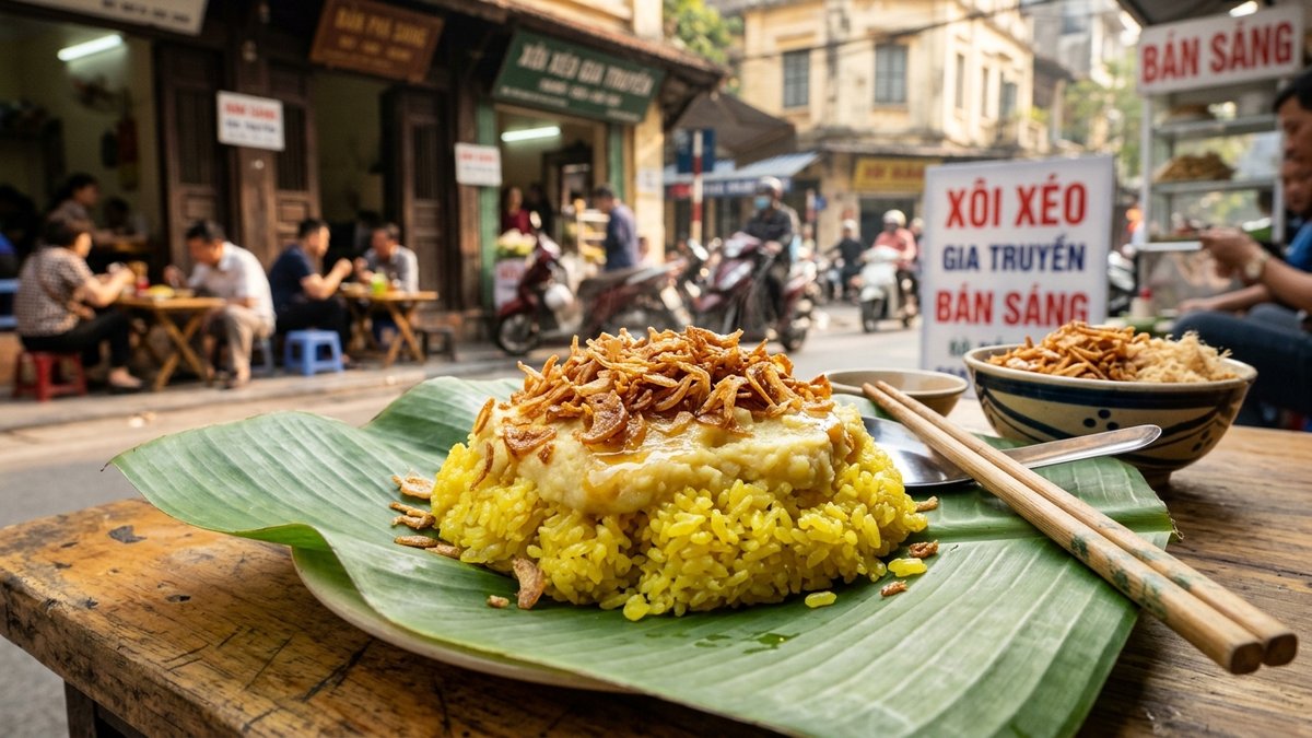 Gói xôi xéo Hà Nội bọc lá chuối xanh hạt xôi vàng ruộm đỗ xanh thái mỏng hành phi giòn tan béo ngậy mỡ gà