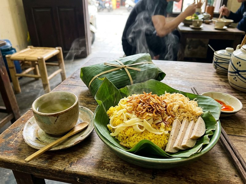 Đĩa xôi xéo Hà Nội bọc lá chuối vàng óng phủ đậu xanh hành phi ruốc heo giò lụa bên chén trà nóng