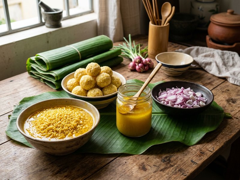 Nguyên liệu làm xôi xéo gồm gạo nếp ngâm nghệ đỗ xanh nắm hành tím thái mỏng và hũ mỡ gà